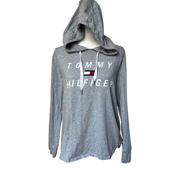 TOMMY HILFIGER Women's Large Gray Sport Pullover Hoodie Sweatshirt Roll Tab Logo - Picture 2 of 9